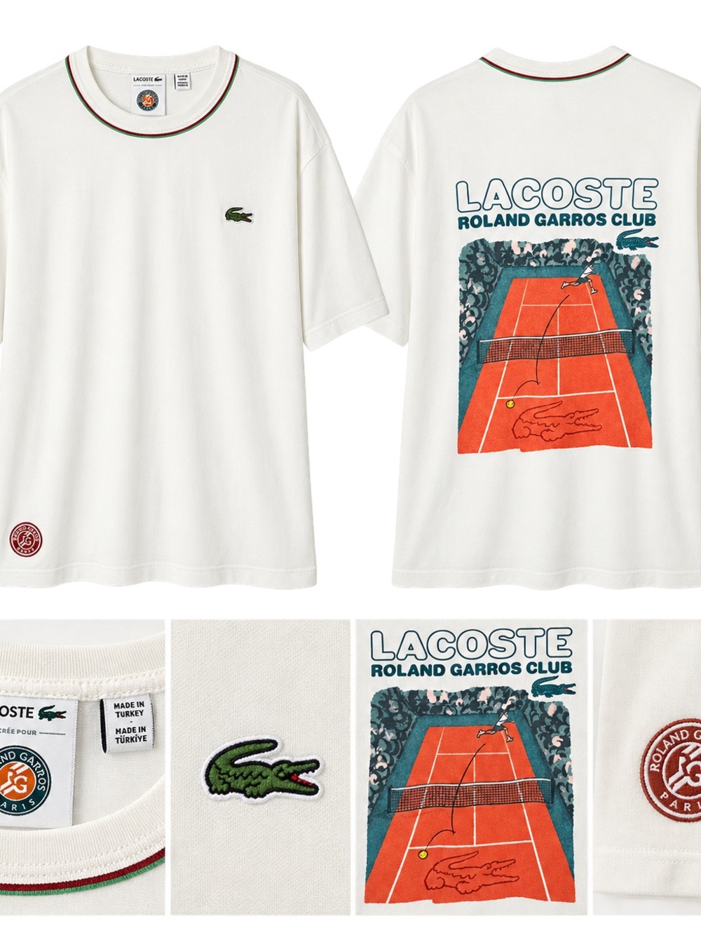 Lacoste White Graphic Roland Garros Tennis Tee with Green Crocodile